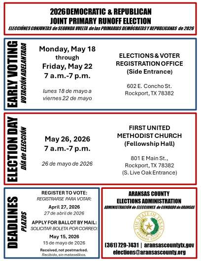 Flyer - Early Voting Schedule, Election Day, and Deadlines - May 2026 Joint Primary Run-Off Election (Election/horario de votación anticipada, centres de votación el día de las elecciones y fechas límite - Elecciones primarias conjuntas de segunda vuelta de mayo de 2026